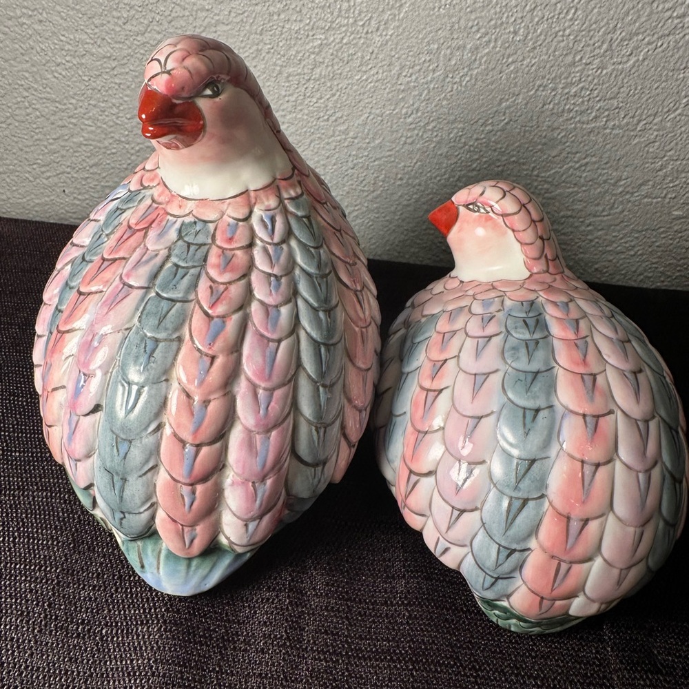 Vintage Pair of Ceramic Quail Figurines Hand Painted Pink & Blue Accents
